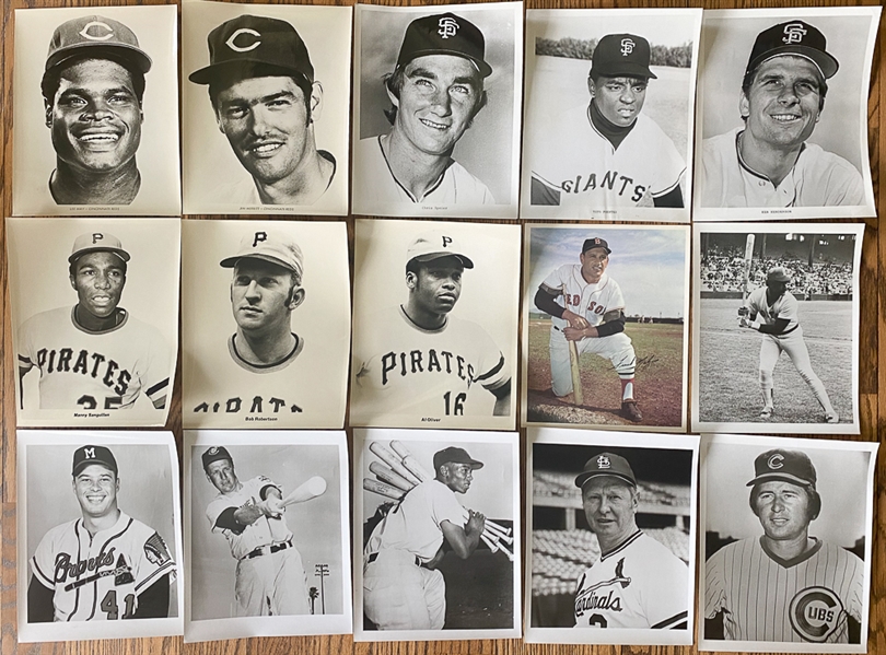 (60) Baseball Photos/Prints - Mostly 1960s or 1970s inc. Durocher, Ashburn, Cepeda, Rose, Kaline, Gibson (10 of the Reds Team Issued Photos Have Team Stampings on the Backs)