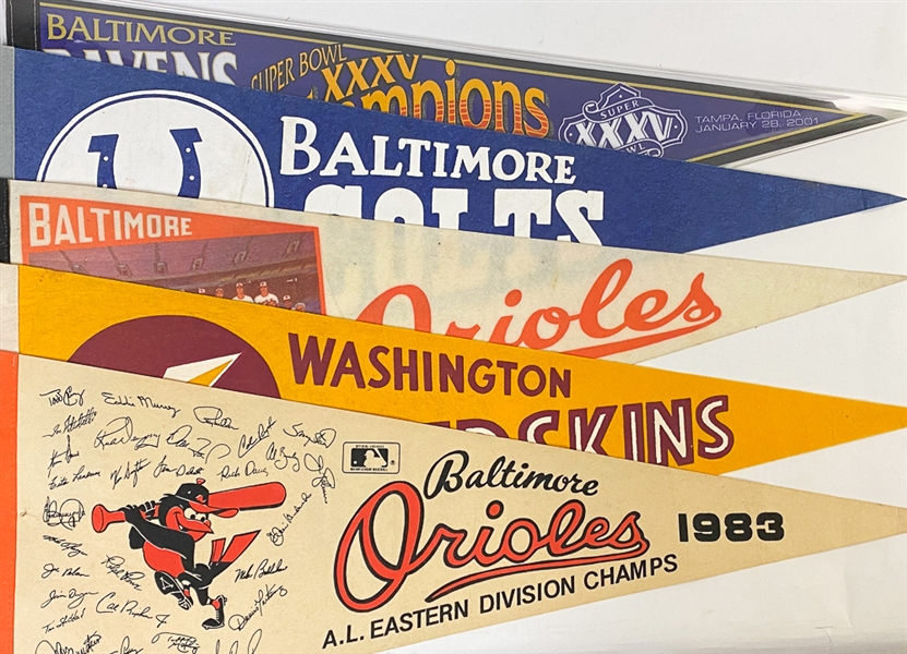 Lot of (5) Mixed Sports Pennants- Baltimore Colts, Baltimore Orioles (2), Washington Redskins, and Baltimore Ravens 