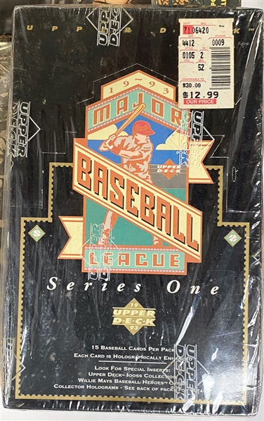 Lot of (6) Assorted Memorabilia Pieces - 1993 Upper Deck Baseball Series 1 Wax Box, 1993 Upper Deck Baseball Sealed Factory Set, Steve Blass Signed Dinner Program, 1946 Sports Magazine, Jackie...