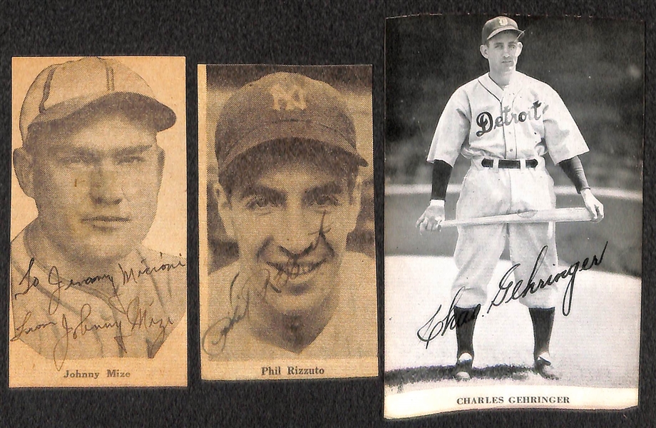 Lot of (12) Vintage Autographs - Dom DiMaggio 5x7 Photo, J. Dykes Card, Elbie Fletcher Card, and Clippings: (1) Mize, Rizzuto, (3) Rolfe, Gehringer, Bonura, (2) Danning, Houk - JSA Auction Letter