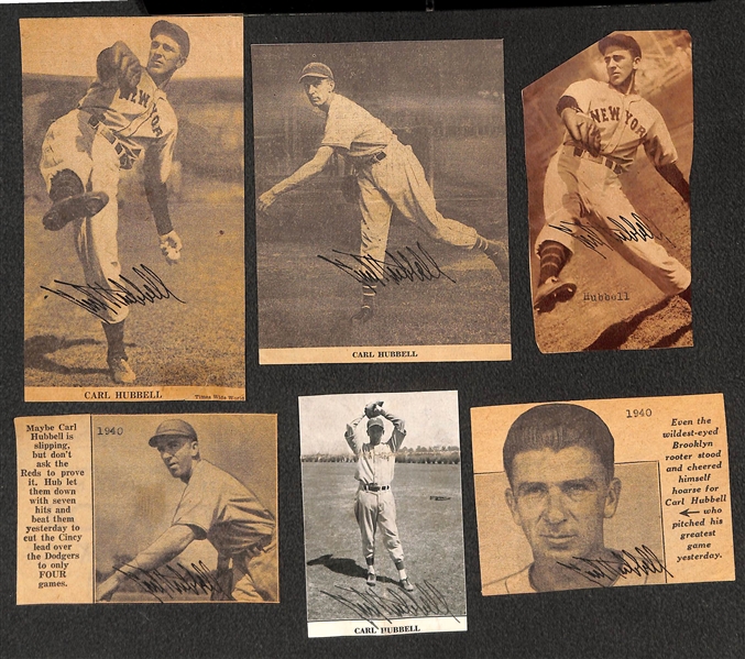 Lot of (6) Carl Hubbell Signed Newspaper/Magazine Clippings (JSA Auction Letter)