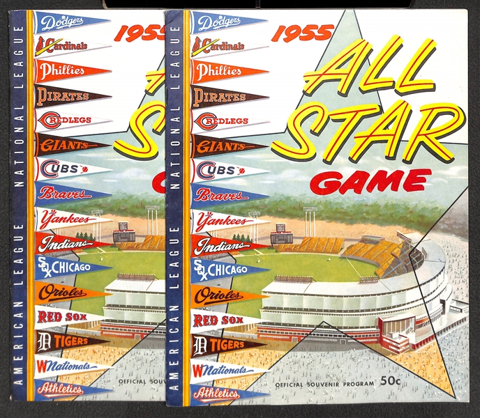 Lot of (2) 1955 MLB All-Star Game Programs - Both Unscored and w/ Stadium Inserts (2 Stadium Jumbo Post Cards Included)