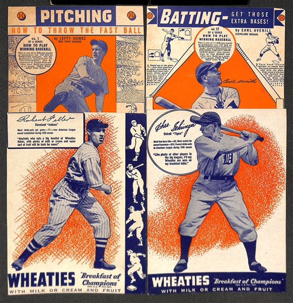 1936-1937 Wheaties Panel Lot of (4) - Lefty Gomez, Earl Averill, Bob Feller, Chas. Gehringer