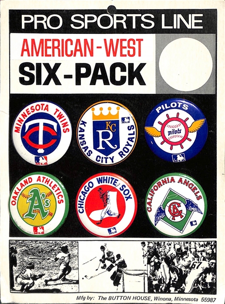 Lot of (4) 1969 MLB Button Displays (24 Buttons) by Pro Sports Line (The Button House) - 2 AL West & 2 AL East Displays