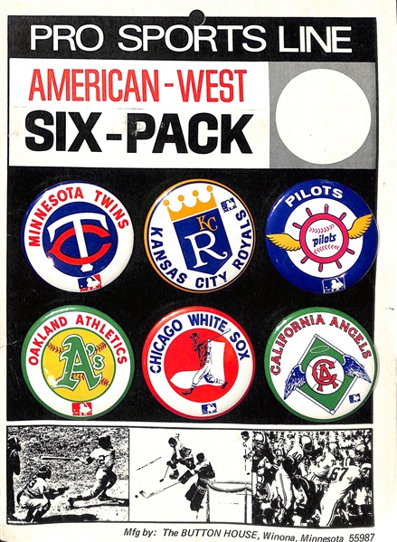 Lot of (4) 1969 MLB Button Displays (24 Buttons) by Pro Sports Line (The Button House) - 2 AL West & 2 AL East Displays
