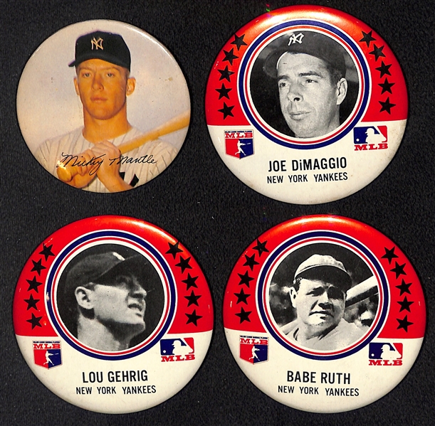 Lot of (4) Yankees Buttons, inc. 1969 Ruth, Gehrig, DiMaggio and 1970s/1980s Mantle