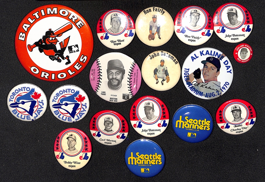 Lot of (17) Baseball Buttons (Mostly 1969-1970s) inc. (9) 1969 Expos Players, 1970 Al Kaline, 1969 MLBPA R. Monday