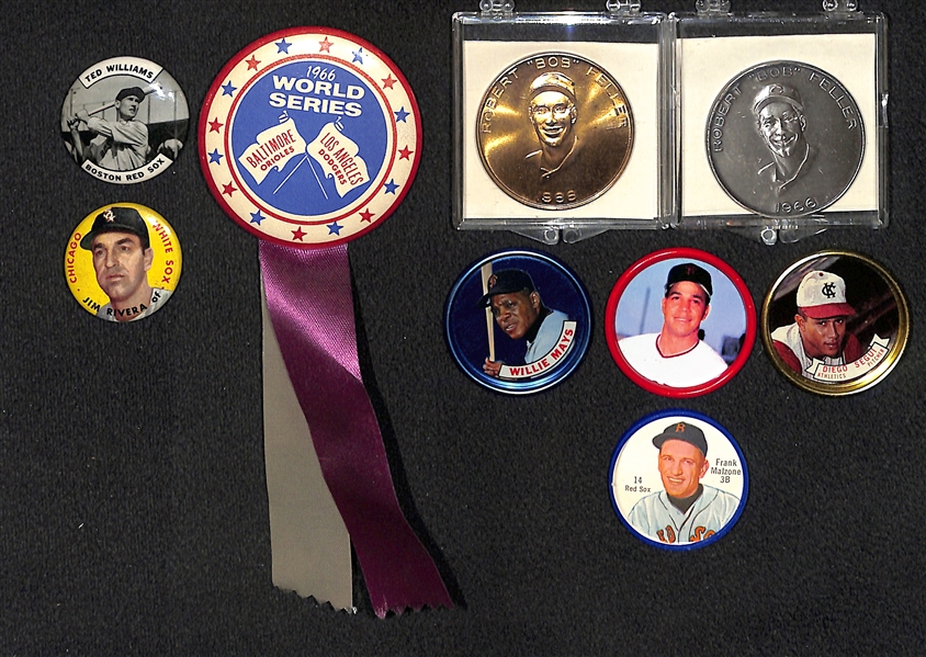 Lot of (9) 1950s-1966 Pins, Buttons, Coins, inc. 1966 World Series Button, 1950s Ted Williams, 1964 Old London Mays, 1956 Topps Rivera, (2) 1966 Bob Feller Coins