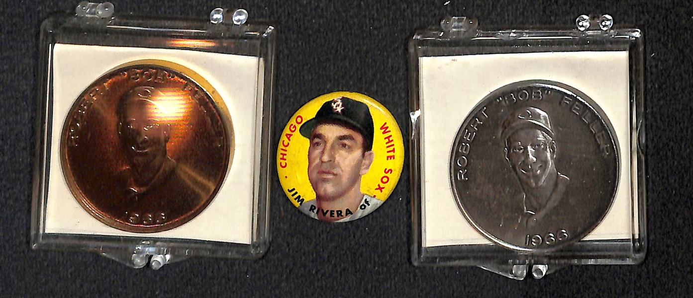 Lot of (9) 1950s-1966 Pins, Buttons, Coins, inc. 1966 World Series Button, 1950s Ted Williams, 1964 Old London Mays, 1956 Topps Rivera, (2) 1966 Bob Feller Coins