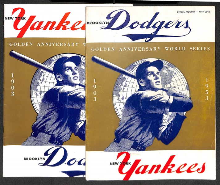 Lot of (2) 1953 World Series Programs - One w/ Dodgers Name on Top (Unscored); One w/Yankees Name on Top (Scored/Fold Down Middle)