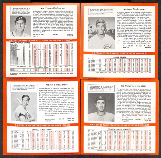 1962 Columbia Auravision 33 RPM 8-Record Test Set w/ Mantle, Maris, Banks, Mays, Ford, Spahn, Colavito, Gentile.  Unpunched