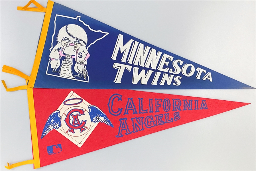 (12) Old Baseball Full-Size Pennants (Most 1969), Inc. (Twins, Angels, Yankees, Brewers, Royals, Tigers, Blue Jays, Astros, Cardinals, Cubs, Expos, Mariners
