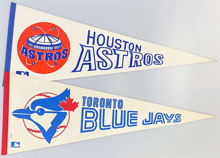 (12) Old Baseball Full-Size Pennants (Most 1969), Inc. (Twins, Angels, Yankees, Brewers, Royals, Tigers, Blue Jays, Astros, Cardinals, Cubs, Expos, Mariners
