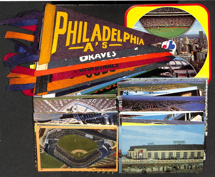 Lot of (13) 1930s-1960s Baseball Pennants (9) and 75 Baseball Stadium Post Cards