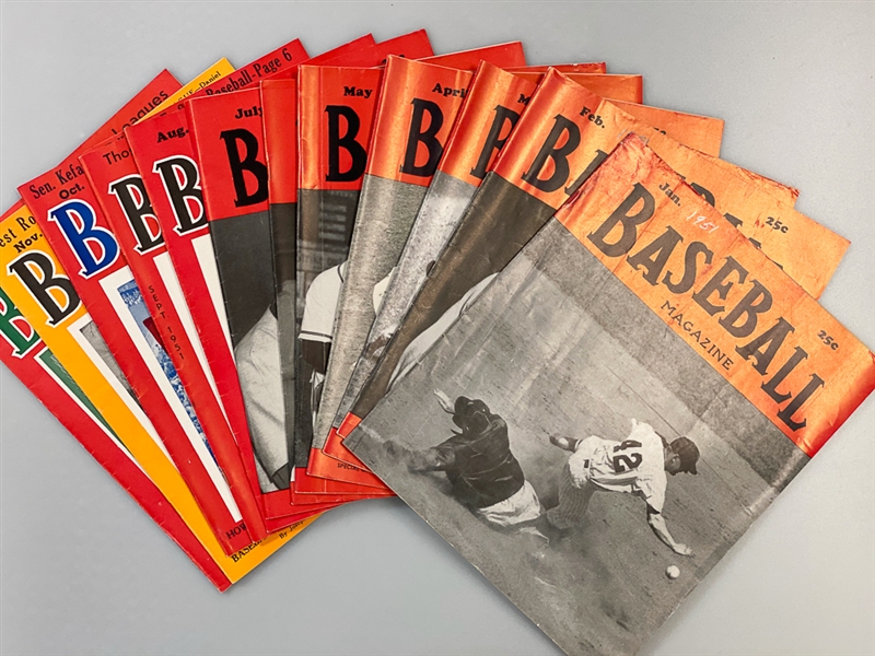 Lot of (12) 1951 Baseball Magazines - Jan Thru Dec - Covers Include Mickey Mantle, Warren Spahn, & Cy Young 