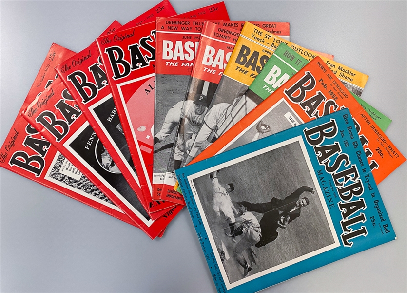 Lot of (10) 1952 Baseball Magazines - Missing December - Covers Include Stan Musial, Richie Ashburn & Babe Ruth Anniversary Issue