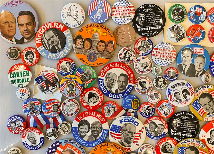 Lot of (170) Political Pins - Mostly 1960s-1970s Inc. FDR, Dwight Eisenhower Inauguration, QE2 Coronation, Ted Kennedy, Robert Kennedy.  majority from 1970s Inc. Many Ford, Carter, Nixon.