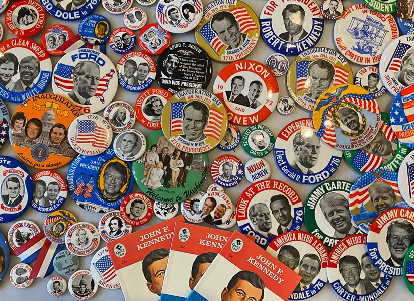 Lot of (170) Political Pins - Mostly 1960s-1970s Inc. FDR, Dwight Eisenhower Inauguration, QE2 Coronation, Ted Kennedy, Robert Kennedy.  majority from 1970s Inc. Many Ford, Carter, Nixon.