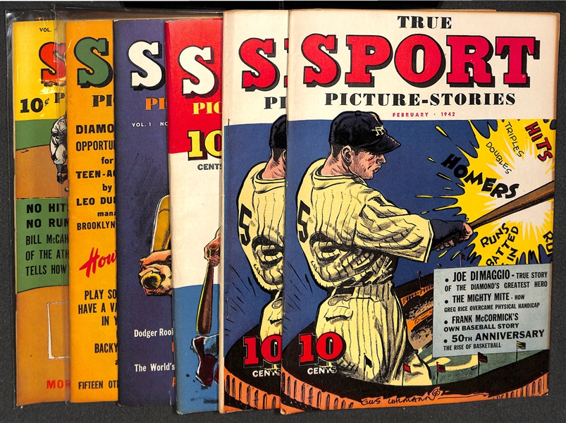 Lot of (6) 1942-1948 True Sport Baseball Comic Books - (2) Joe DiMaggio, Reiser, Durocher, McCahan, & Yankees Covers 