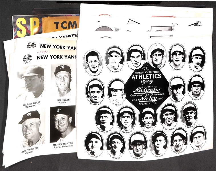 Lot of (19) Team Collage Photos (from 1960s/70s), 1951 Sport Baseball Jubilee, and (9) RARE 1972 TCMA Prints (Reprints of Early 1900s Cabinet Photos w/ Original Envelope from TCMA)