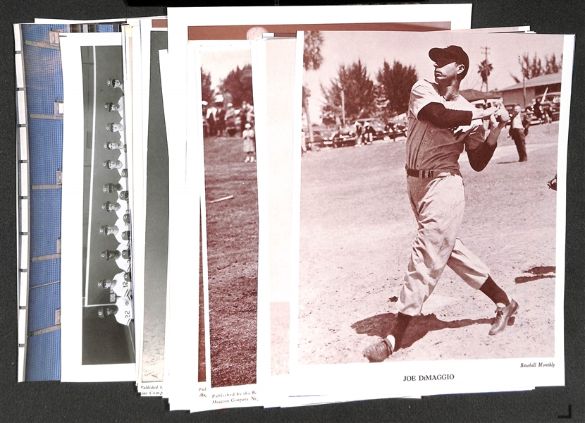 (52) 1930s-1970s Baseball Prints/Photos, Inc.28 Baseball Monthly Premiums and Pages (Most Trimmed) Inc. DiMaggio, Gehrig, Dean, Ott, Musial, +; and 24 Team Photographs/Prints