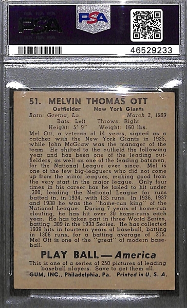 1939 Play Ball Mel Ott #51 Graded PSA 5