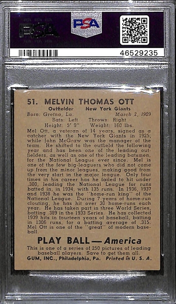 1939 Play Ball Mel Ott #51 Graded PSA 6