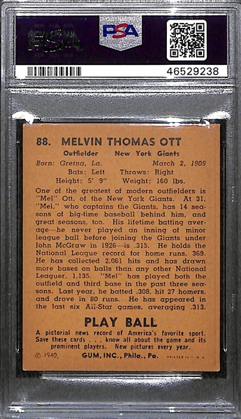 1940 Play Ball Mel Ott #88 Graded PSA 5
