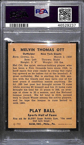 1941 Play Ball Mel Ott #8 Graded PSA 6