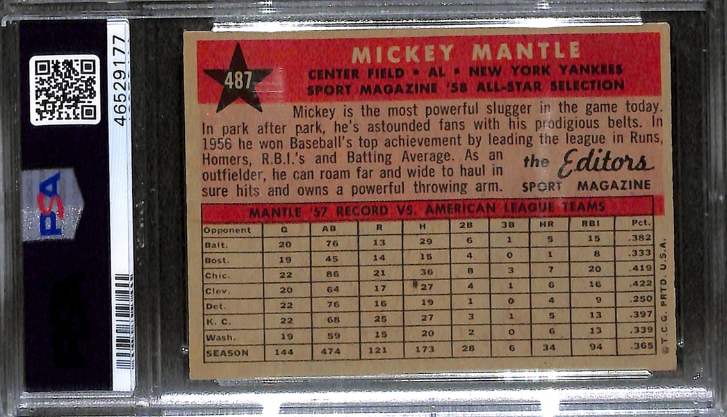 1958 Mickey Mantle All-Star #487 Graded PSA 6 (MK)