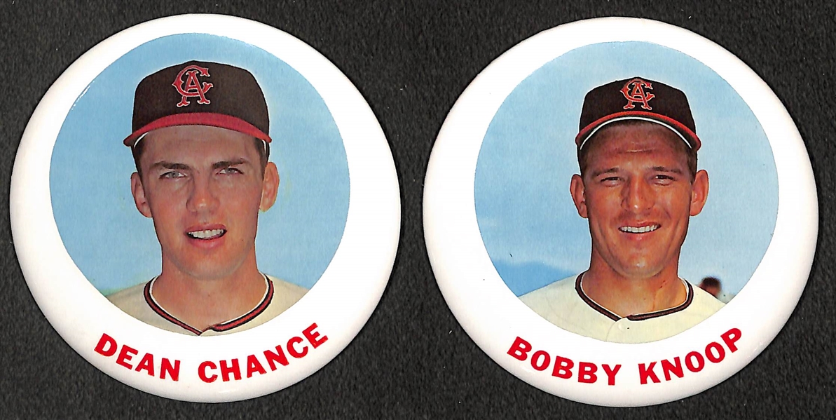 (4) Vintage 1960s Baseball Pins (Yankees, Angels, Chance, Knoop) and Maury Wills 1962 MVP Ribbon 