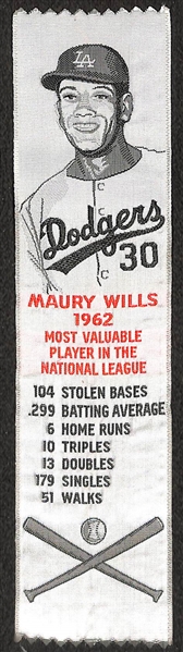 (4) Vintage 1960s Baseball Pins (Yankees, Angels, Chance, Knoop) and Maury Wills 1962 MVP Ribbon 
