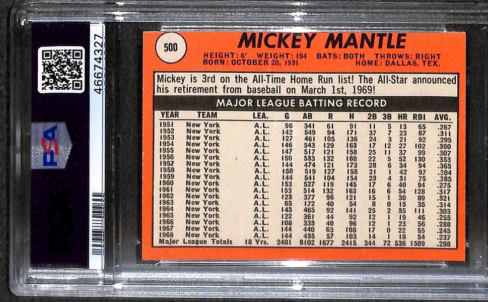 1969 Topps Mickey Mantle #500 Last Name in Yellow Graded PSA 8 (OC)