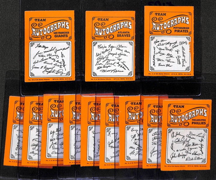 Lot of (12) 1969 Team Completed Stamp Albums (All 12 NL Teams) w. Clemente, Mays, Aaron!