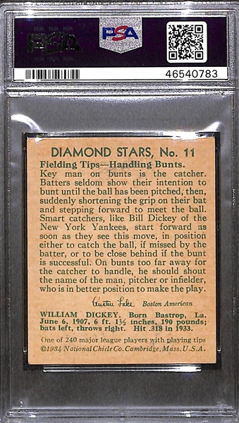 1934 Diamond Stars #11 Bill Dickey Graded PSA 6
