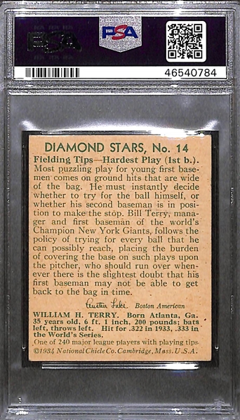 1934 Diamond Stars #14 Bill Terry Graded PSA 7 MC