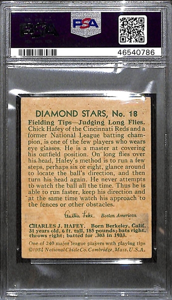 1934 Diamond Stars #18 Chick Hafey Graded PSA 6