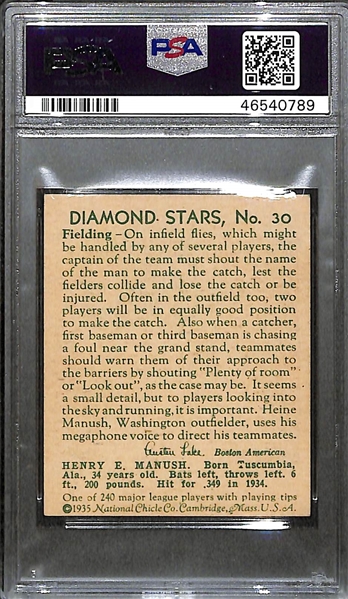1935 Diamond Stars #30 Heinie Manush With W on Sleeve Graded PSA 6