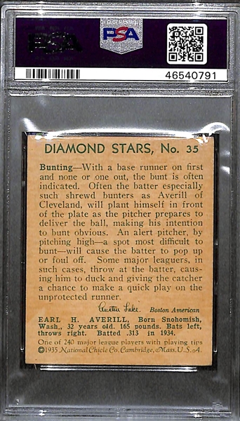 1935 Diamond Stars #35 Earle Averill Graded PSA 6