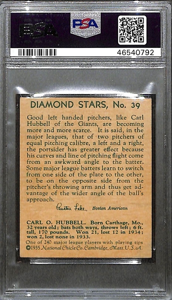 1935 Diamond Stars #39 Carl Hubbell Graded PSA 6