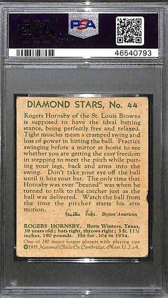 1935 Diamond Stars #44 Rogers Hornsby Graded PSA 2