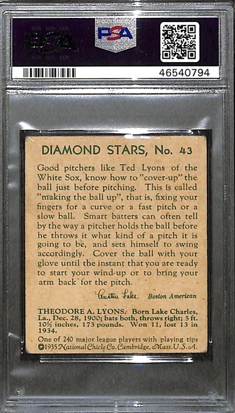 1936 Diamond Stars #43 Ted Lyons Graded PSA 3