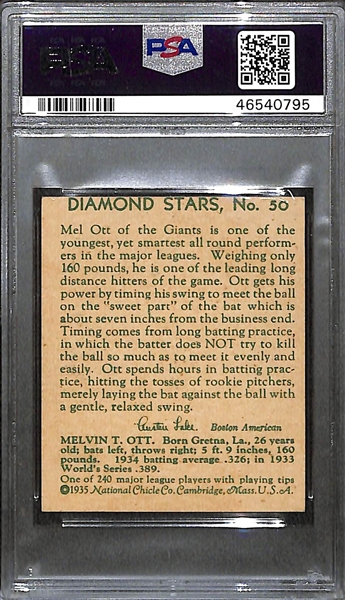 1935 Diamond Stars #50 Mel Ott Graded PSA 7 MC