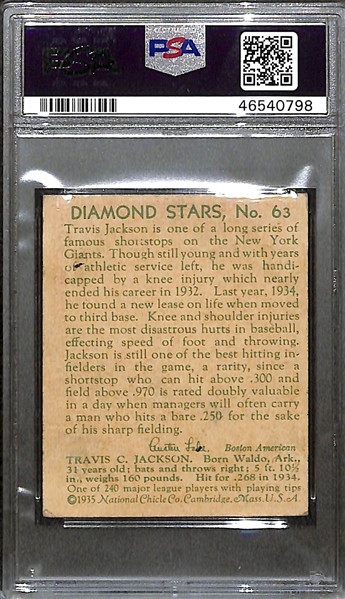 1935 Diamond Stars #63 Travis Stonewall Jackson Graded PSA 2