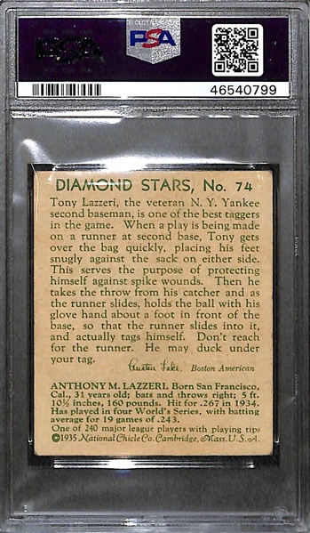 1936 Diamond Stars #74 Tony Lazzeri (Green Back) Graded PSA 4