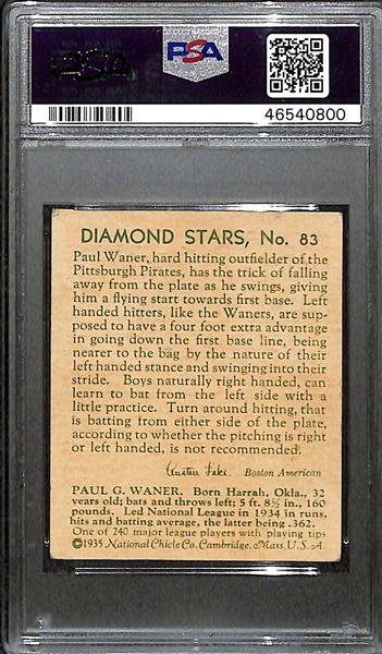 1936 Diamond Stars #83 Paul Waner (Green Back) Graded PSA 3.5