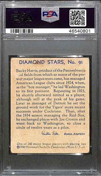 1936 Diamond Stars #91 Bucky Harris Graded PSA 2
