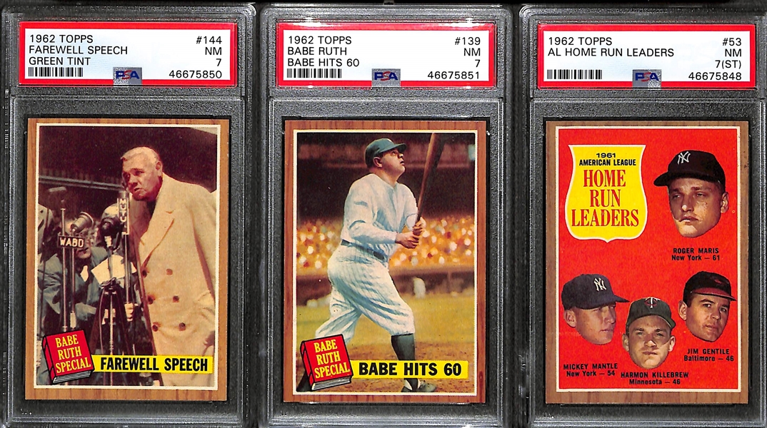Lot of (3) 1962 Topps PSA 7 Cards - Ruth #144 (Farewell Speech - Green Tint), Ruth #139 (Babe Hits 60), AL HR Leaders #53 (ST Qualifier)