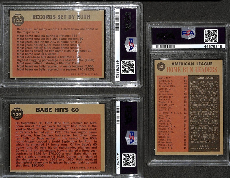 Lot of (3) 1962 Topps PSA 7 Cards - Ruth #144 (Farewell Speech - Green Tint), Ruth #139 (Babe Hits 60), AL HR Leaders #53 (ST Qualifier)