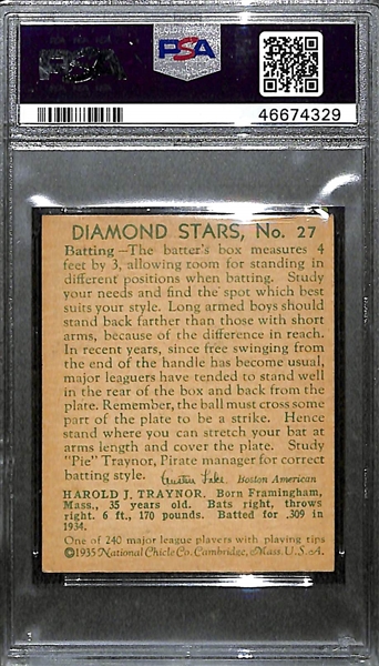 1935 Diamond Stars 27 Pie Traynor Graded PSA 5
